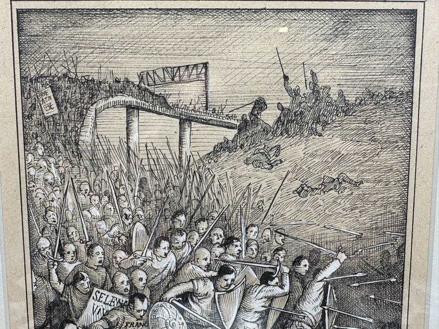 Sandow Birk (B. 1962, American) Ink And White Pencil On Paper Drawing Titled 'The Desperate Charge Of The 101 (The Great Battle Of Los Angeles)' June 1998 Purchased From The Koplin Gallery In L.A. 8 X 10 Framed 14 X 17 Estimate $1,000-$2,000 [Photo 4]