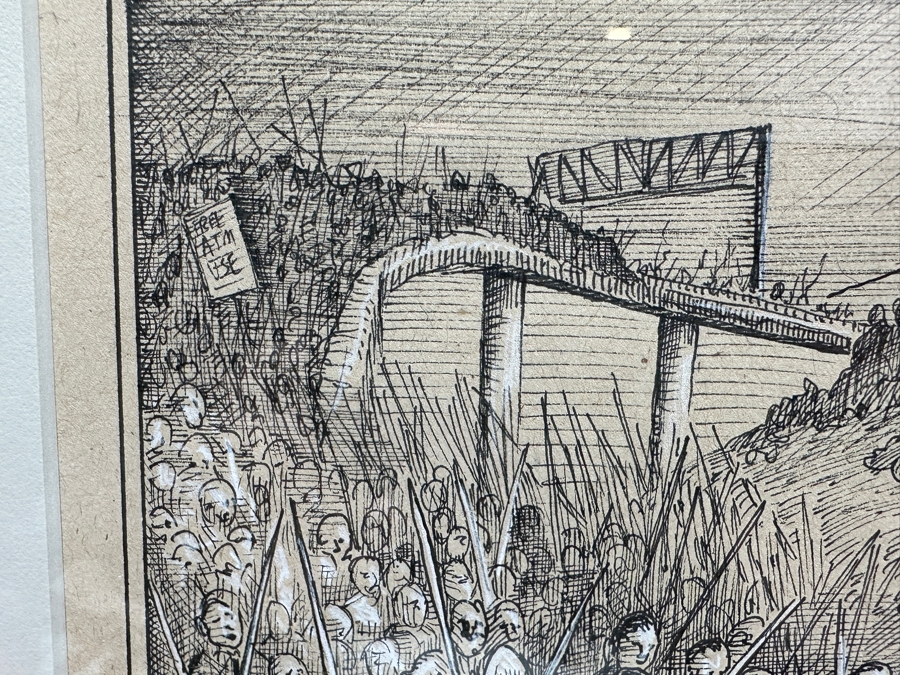 Sandow Birk (B. 1962, American) Ink And White Pencil On Paper Drawing Titled 'The Desperate Charge Of The 101 (The Great Battle Of Los Angeles)' June 1998 Purchased From The Koplin Gallery In L.A. 8 X 10 Framed 14 X 17 Estimate $1,000-$2,000 [Photo 5]