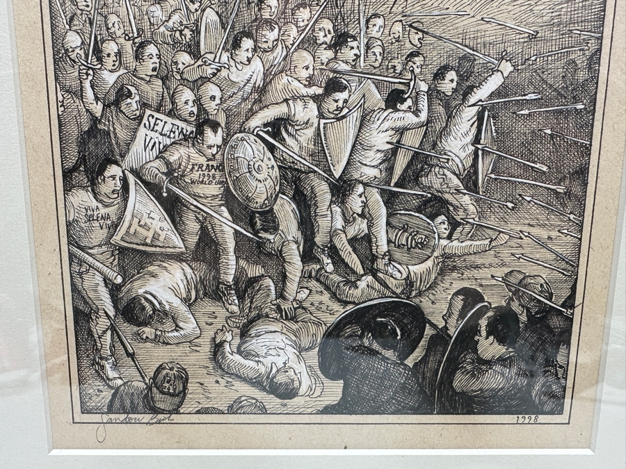 Sandow Birk (B. 1962, American) Ink And White Pencil On Paper Drawing Titled 'The Desperate Charge Of The 101 (The Great Battle Of Los Angeles)' June 1998 Purchased From The Koplin Gallery In L.A. 8 X 10 Framed 14 X 17 Estimate $1,000-$2,000 [Photo 3]