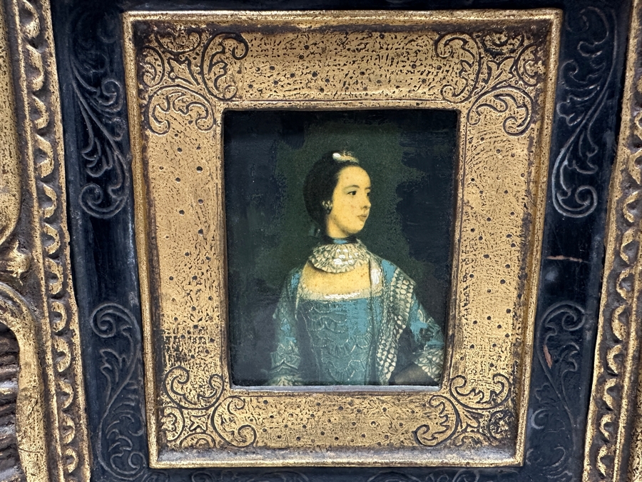 Vintage Italian Artist Embellished Portrait Print In Italian Wooden Frame 9W X 10H [Photo 2]