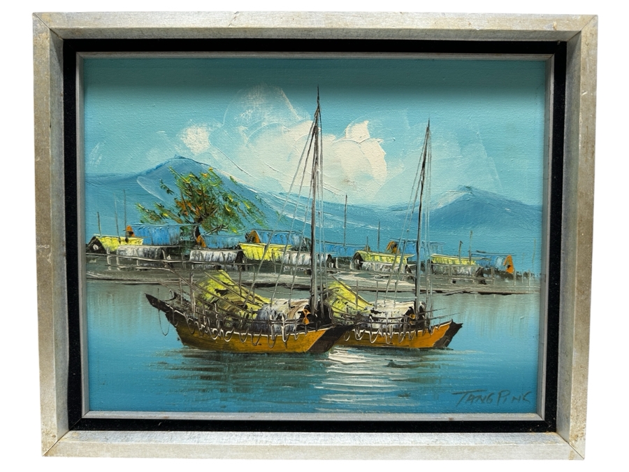 Tang Ping Original Oil Painting On Canvas Of Chinese Junk Boats 14.5 X 12 Framed [Photo 2]