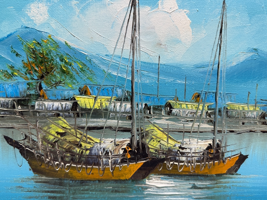 Tang Ping Original Oil Painting On Canvas Of Chinese Junk Boats 14.5 X 12 Framed [Photo 3]