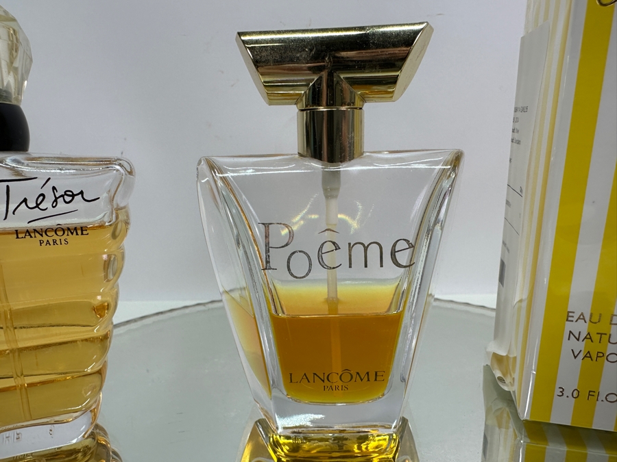 Vintage 13' Circular Vanity Mirror Tray With Perfume: Tresor Lancome Paris, Poeme Lancome Paris And New Giorgio Beverly Hills [Photo 4]