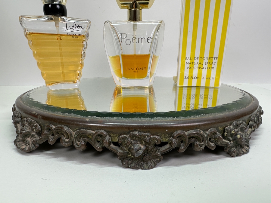 Vintage 13' Circular Vanity Mirror Tray With Perfume: Tresor Lancome Paris, Poeme Lancome Paris And New Giorgio Beverly Hills [Photo 7]