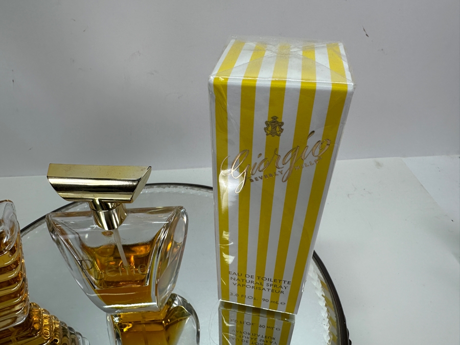 Vintage 13' Circular Vanity Mirror Tray With Perfume: Tresor Lancome Paris, Poeme Lancome Paris And New Giorgio Beverly Hills [Photo 6]