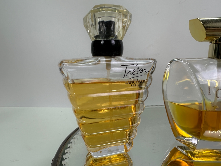 Vintage 13' Circular Vanity Mirror Tray With Perfume: Tresor Lancome Paris, Poeme Lancome Paris And New Giorgio Beverly Hills [Photo 3]