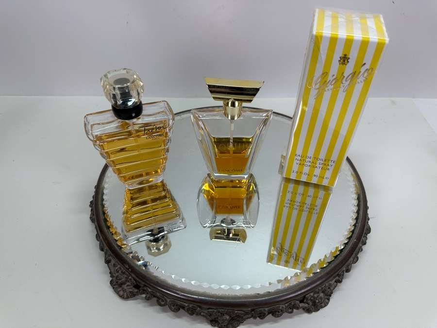 Vintage 13' Circular Vanity Mirror Tray With Perfume: Tresor Lancome Paris, Poeme Lancome Paris And New Giorgio Beverly Hills [Photo 2]