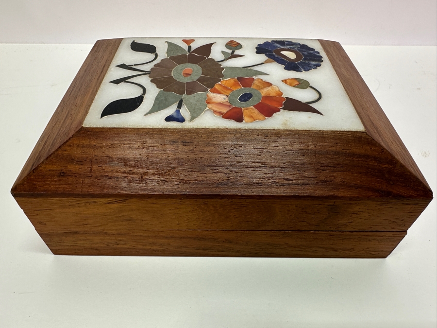 Inlaid Semi Precious Stone Top Wooden Box From India 6W X 5D X 2.5H [Photo 2]