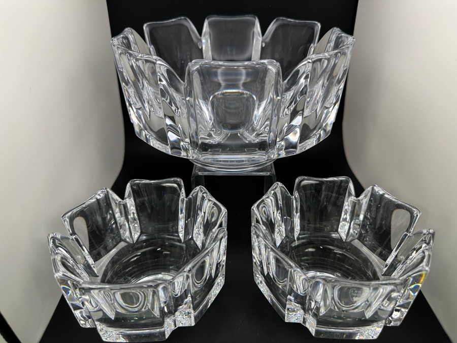Orrefors Sweden Crystal (1) 7 3/8' Corona Bowl And (2) 4.5' Corona Bowls Designed By Lars Hellsten [Photo 7]