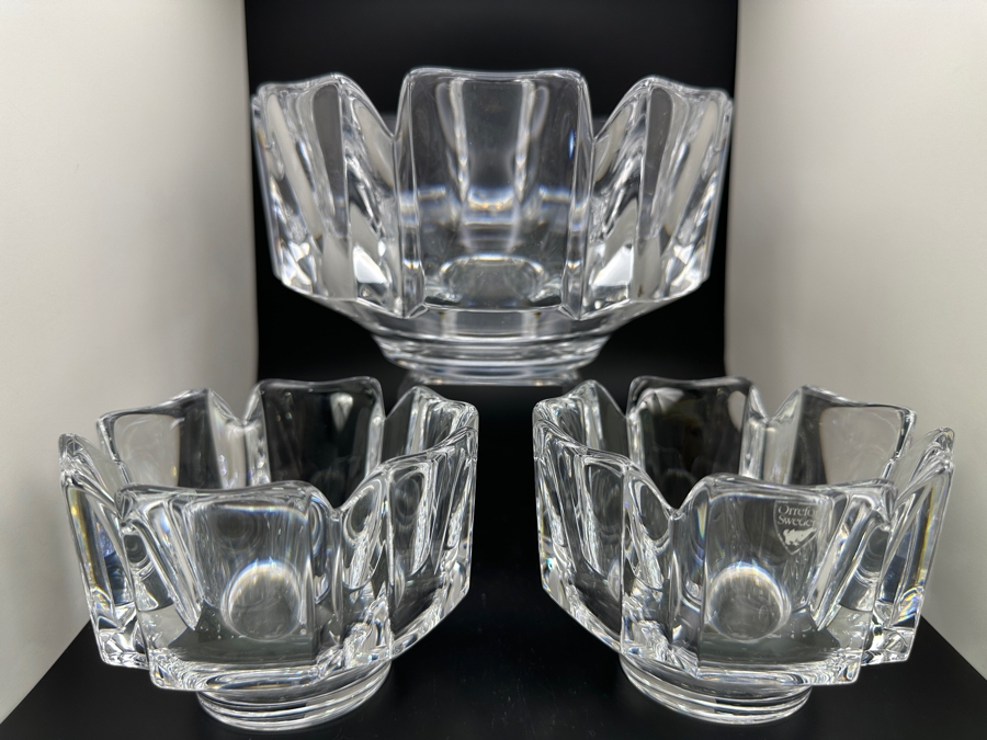 Orrefors Sweden Crystal (1) 7 3/8' Corona Bowl And (2) 4.5' Corona Bowls Designed By Lars Hellsten [Photo 6]