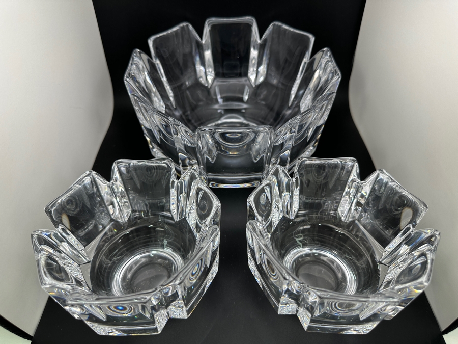 Orrefors Sweden Crystal (1) 7 3/8' Corona Bowl And (2) 4.5' Corona Bowls Designed By Lars Hellsten [Photo 3]