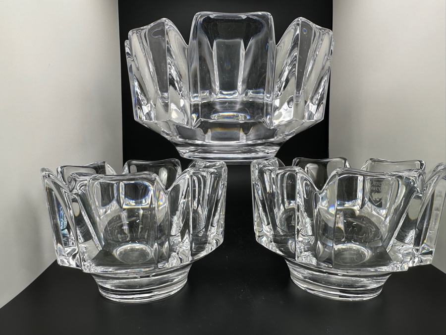 Orrefors Sweden Crystal (1) 7 3/8' Corona Bowl And (2) 4.5' Corona Bowls Designed By Lars Hellsten [Photo 9]