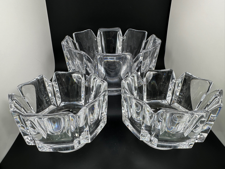 Orrefors Sweden Crystal (1) 7 3/8' Corona Bowl And (2) 4.5' Corona Bowls Designed By Lars Hellsten [Photo 2]