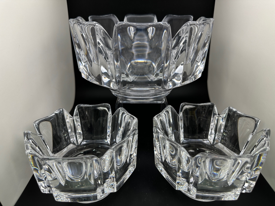 Orrefors Sweden Crystal (1) 7 3/8' Corona Bowl And (2) 4.5' Corona Bowls Designed By Lars Hellsten [Photo 8]