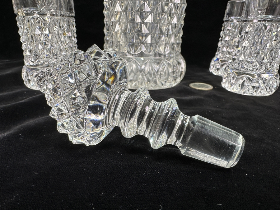 Hofbauer English Hobnail Crystal Decanter With Hallmarked Sterling Silver Top 13.5H & (5) Shot Glasses 3.5H [Photo 7]