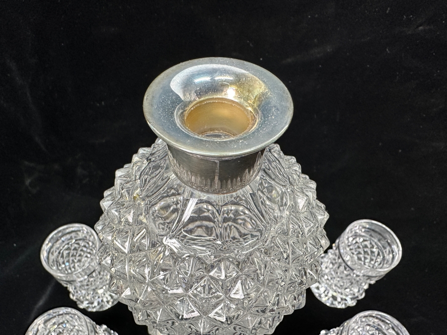 Hofbauer English Hobnail Crystal Decanter With Hallmarked Sterling Silver Top 13.5H & (5) Shot Glasses 3.5H [Photo 6]