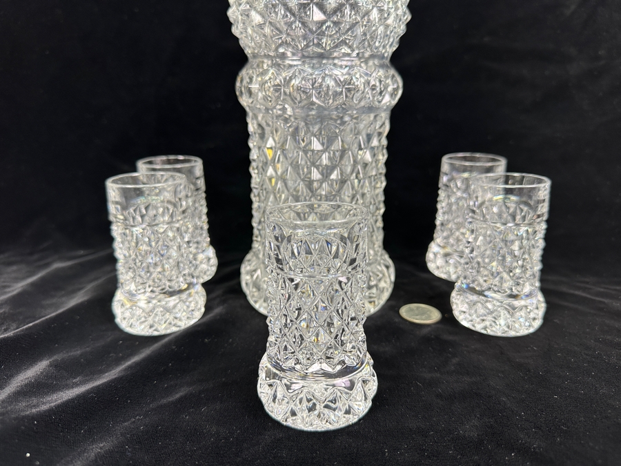 Hofbauer English Hobnail Crystal Decanter With Hallmarked Sterling Silver Top 13.5H & (5) Shot Glasses 3.5H [Photo 10]
