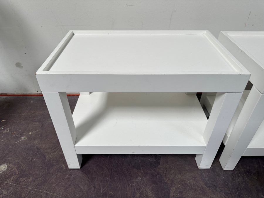Pair Of West Elm White Wooden Spa Benches with Terry Cloth Cushions  / Side Tables 25W X 15D X 19H [Photo 4]