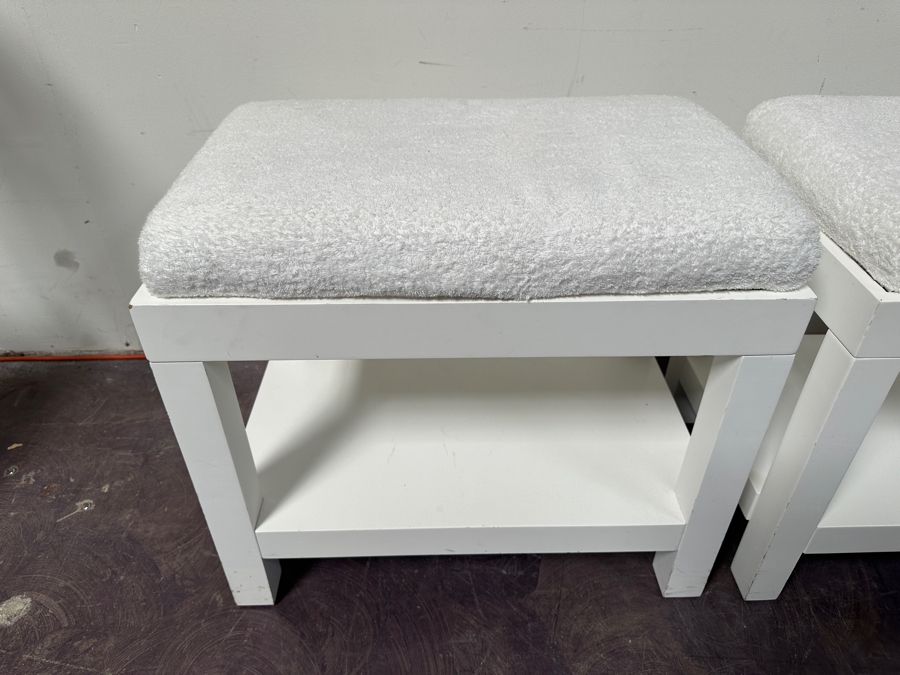 Pair Of West Elm White Wooden Spa Benches with Terry Cloth Cushions  / Side Tables 25W X 15D X 19H [Photo 2]