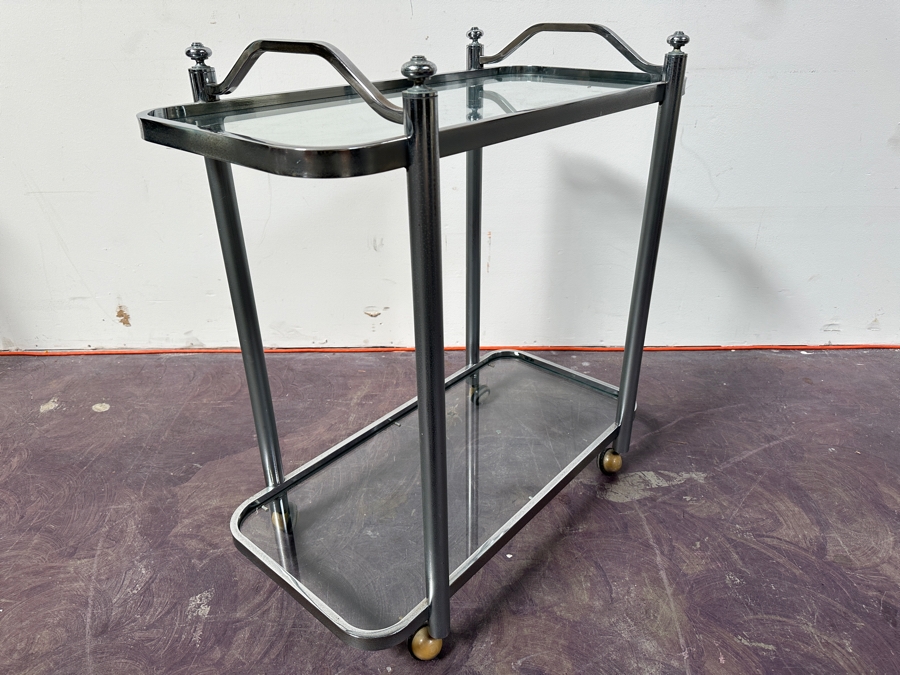 Mid-Century Chrome & Glass Rolling Bar Cart 30W X 14.5D X 32H [Photo 5]