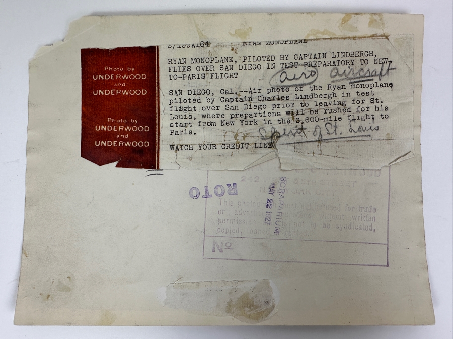 Vintage 1927 Original Historical B&W Underwood & Underwood Photograph Of The Ryan Monoplane ('Spirit Of St. Louis') Piloted By Captain Charles Lindbergh Flying Over San Diego In Prep Flight For 3,600-Mile Record Flight From New York To Paris 8.5 X 6.5 [Photo 8]