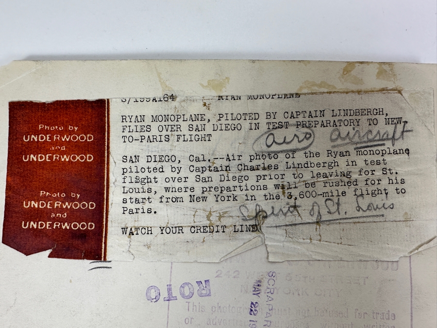 Vintage 1927 Original Historical B&W Underwood & Underwood Photograph Of The Ryan Monoplane ('Spirit Of St. Louis') Piloted By Captain Charles Lindbergh Flying Over San Diego In Prep Flight For 3,600-Mile Record Flight From New York To Paris 8.5 X 6.5 [Photo 9]