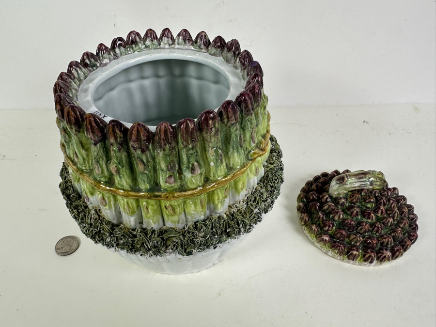 Just Added - Vintage Italian Hand Painted Ceramic Asparagus Lidded Jar Container 7.5W X 9.5H [Photo 5]