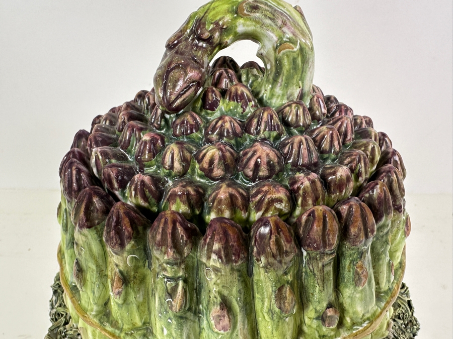 Just Added - Vintage Italian Hand Painted Ceramic Asparagus Lidded Jar Container 7.5W X 9.5H [Photo 3]