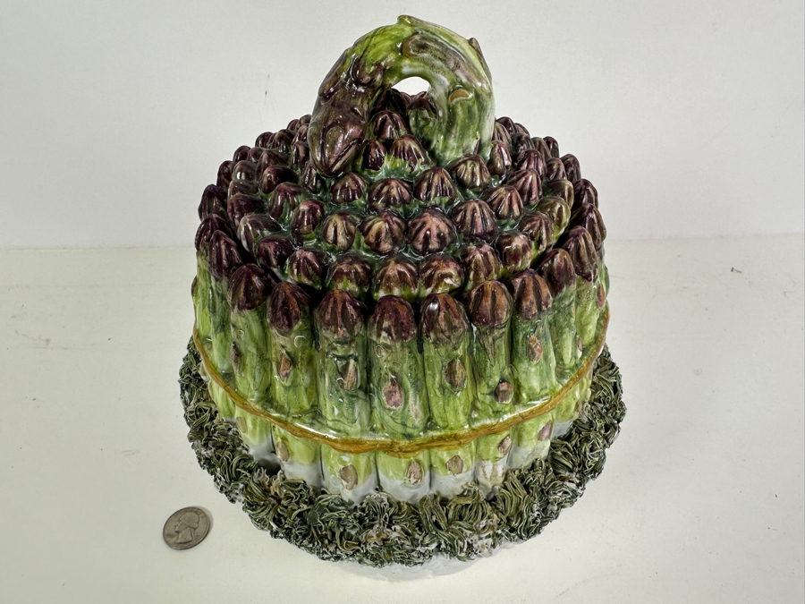 Just Added - Vintage Italian Hand Painted Ceramic Asparagus Lidded Jar Container 7.5W X 9.5H [Photo 2]
