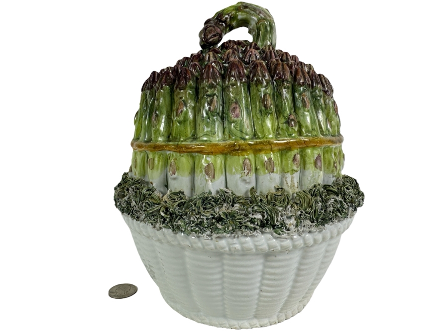 Just Added - Vintage Italian Hand Painted Ceramic Asparagus Lidded Jar Container 7.5W X 9.5H