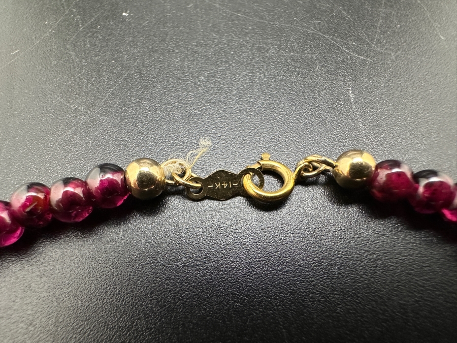 Just Added - 14K Gold / Garnet Beaded 7' Bracelet 6.3g [Photo 2]