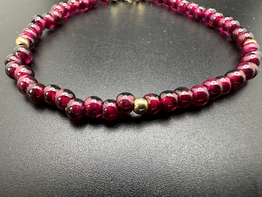 Just Added - 14K Gold / Garnet Beaded 7' Bracelet 6.3g [Photo 3]