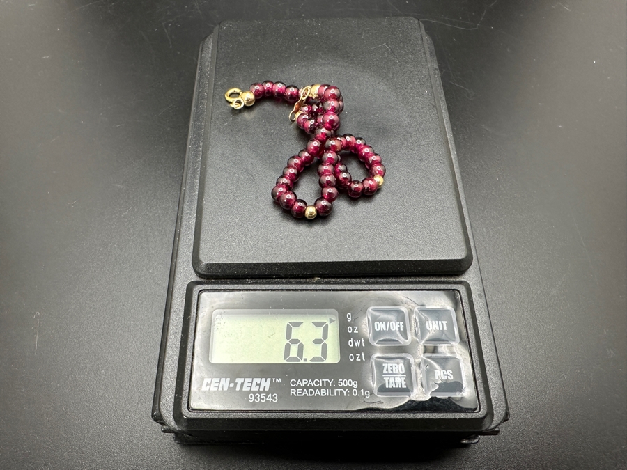 Just Added - 14K Gold / Garnet Beaded 7' Bracelet 6.3g [Photo 5]