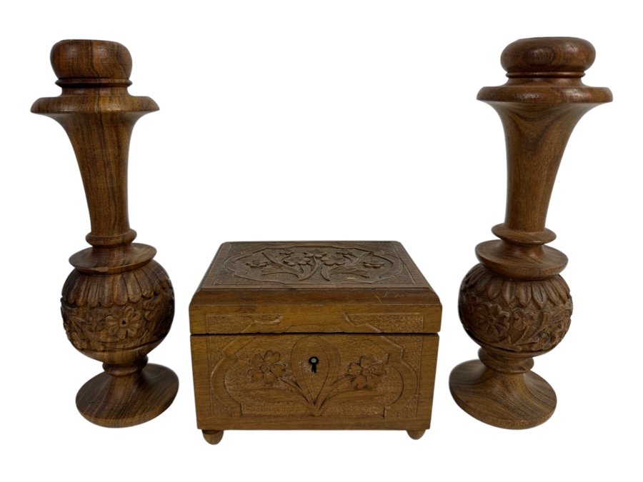 Just Added - Carved Wooden Box 5W X 3.5D X 3.5H And 8' Carved Wooden Candle Holders [Photo 1]