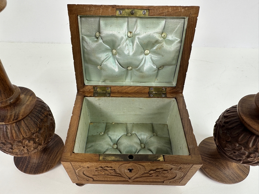Just Added - Carved Wooden Box 5W X 3.5D X 3.5H And 8' Carved Wooden Candle Holders [Photo 4]