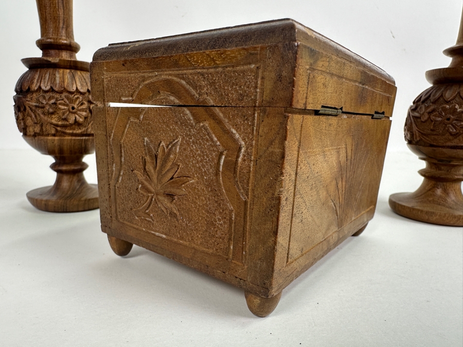 Just Added - Carved Wooden Box 5W X 3.5D X 3.5H And 8' Carved Wooden Candle Holders [Photo 9]