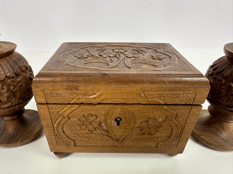 Just Added - Carved Wooden Box 5W X 3.5D X 3.5H And 8' Carved Wooden Candle Holders [Photo 2]