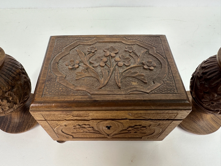 Just Added - Carved Wooden Box 5W X 3.5D X 3.5H And 8' Carved Wooden Candle Holders [Photo 3]