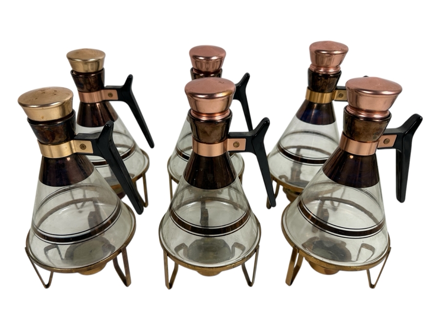 Just Added - (6) Vintage MCM Glass Coffee / Tea Carafe With Candle Warmer Stand & Copper Cork Lid [Photo 2]