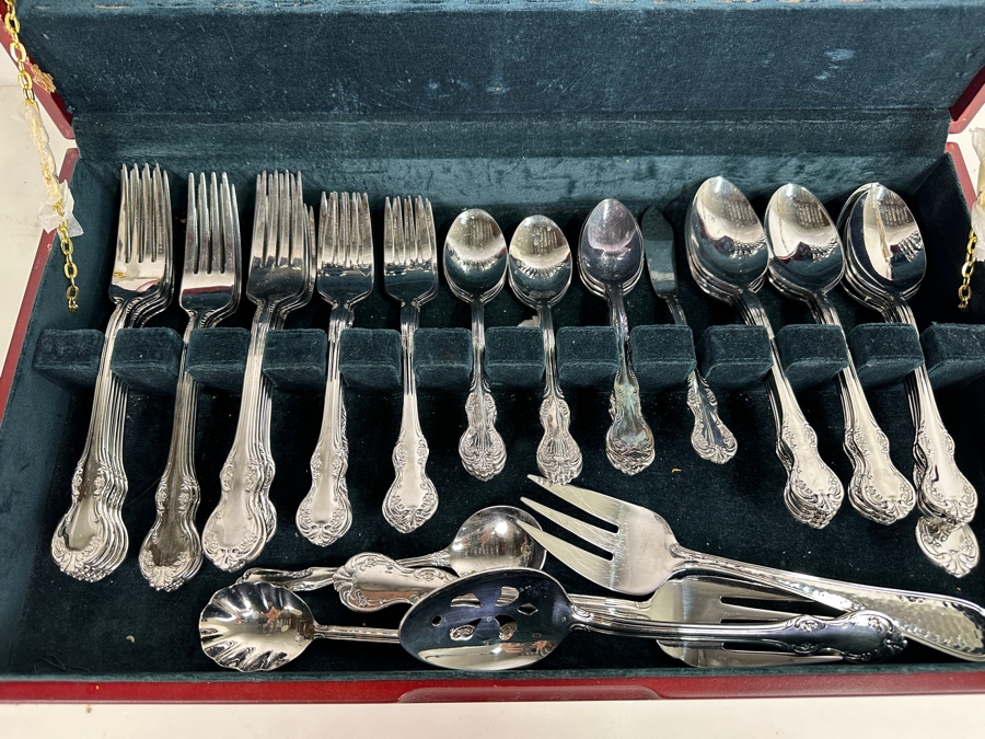 Just Added - Wallace 18/10 Stainless Steel Flatware Set With Wooden Storage Box, Approximate Service For 12 19W X 11D X 3.25H [Photo 2]