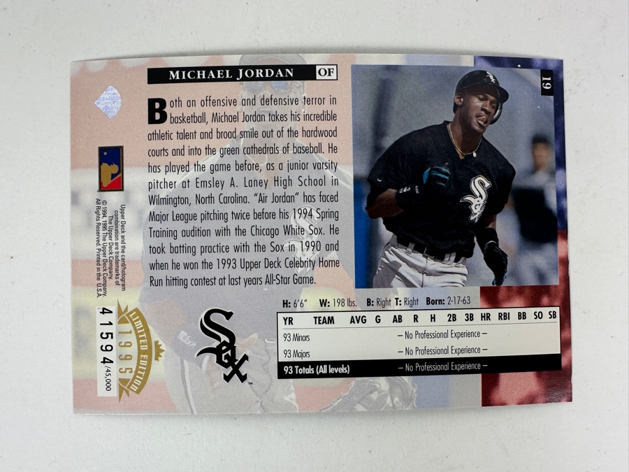 Just Added - Limited Edition 1995 Upper Deck Oversized Michael Jordan Chicago White Sox Rookie MLB Baseball Card Numbered 41,594 Of 45,000 [Photo 2]