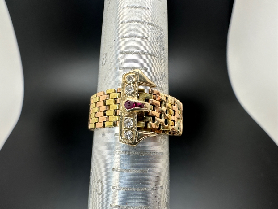 Vintage 14K Gold Diamond And Ruby Mesh Buckle Ring (4) Single Cut Diamonds SI1, G-H Color Est. .10cttw Size 9 7.2g Retails $2,400 [Photo 10]