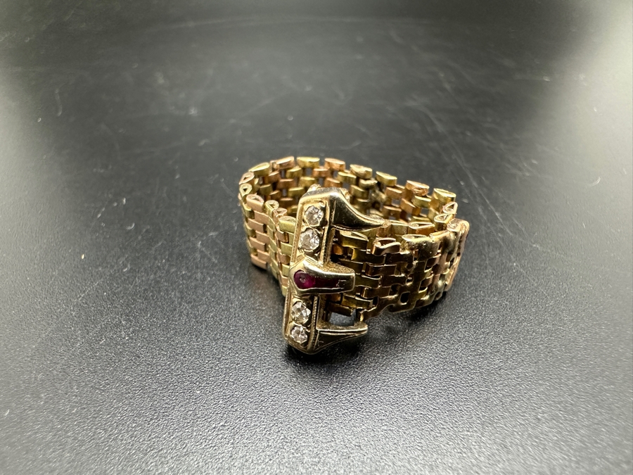 Vintage 14K Gold Diamond And Ruby Mesh Buckle Ring (4) Single Cut Diamonds SI1, G-H Color Est. .10cttw Size 9 7.2g Retails $2,400 [Photo 8]