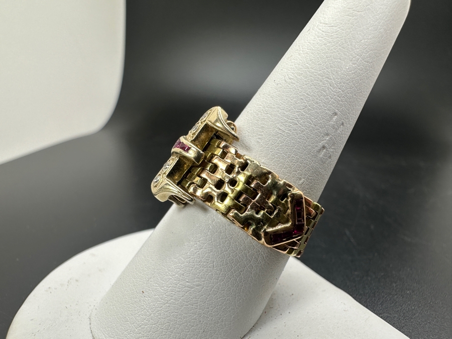 Vintage 14K Gold Diamond And Ruby Mesh Buckle Ring (4) Single Cut Diamonds SI1, G-H Color Est. .10cttw Size 9 7.2g Retails $2,400 [Photo 4]
