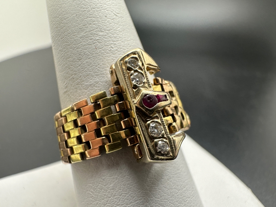 Vintage 14K Gold Diamond And Ruby Mesh Buckle Ring (4) Single Cut Diamonds SI1, G-H Color Est. .10cttw Size 9 7.2g Retails $2,400 [Photo 7]