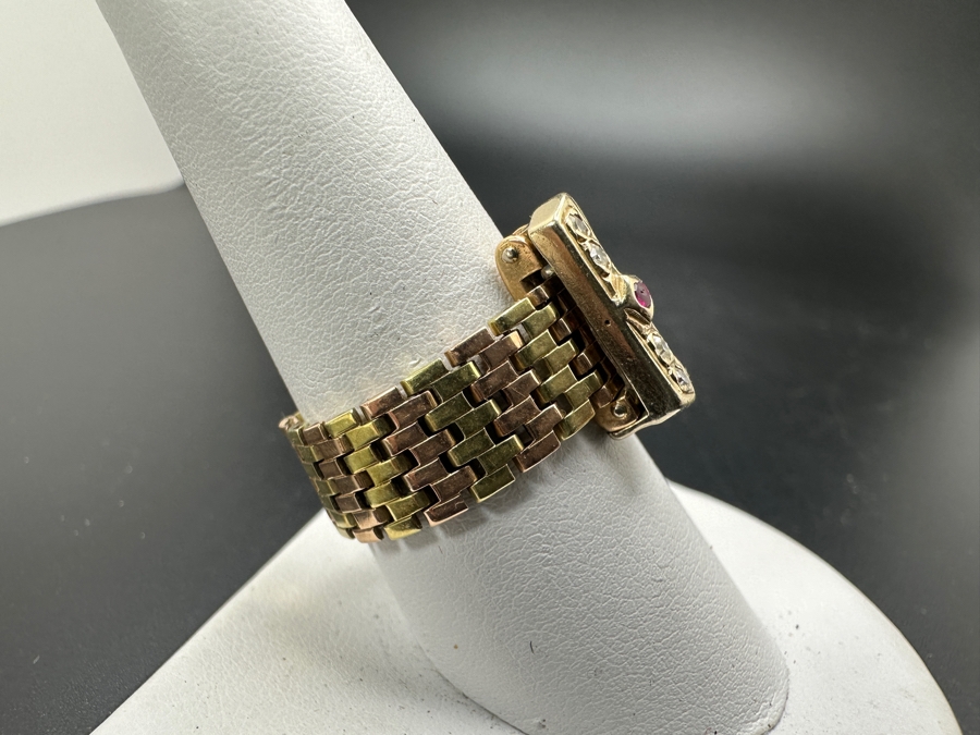 Vintage 14K Gold Diamond And Ruby Mesh Buckle Ring (4) Single Cut Diamonds SI1, G-H Color Est. .10cttw Size 9 7.2g Retails $2,400 [Photo 5]