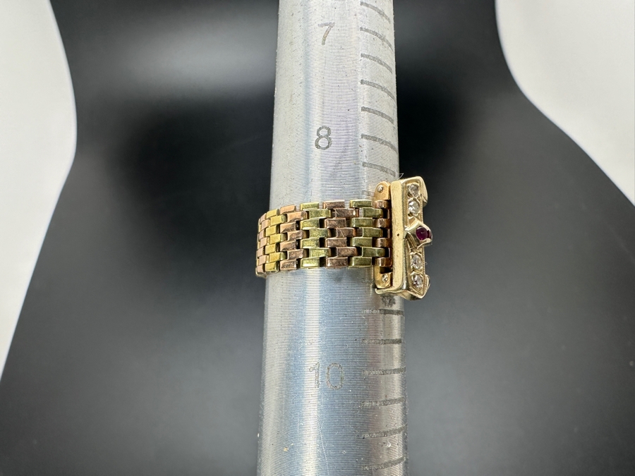 Vintage 14K Gold Diamond And Ruby Mesh Buckle Ring (4) Single Cut Diamonds SI1, G-H Color Est. .10cttw Size 9 7.2g Retails $2,400 [Photo 9]