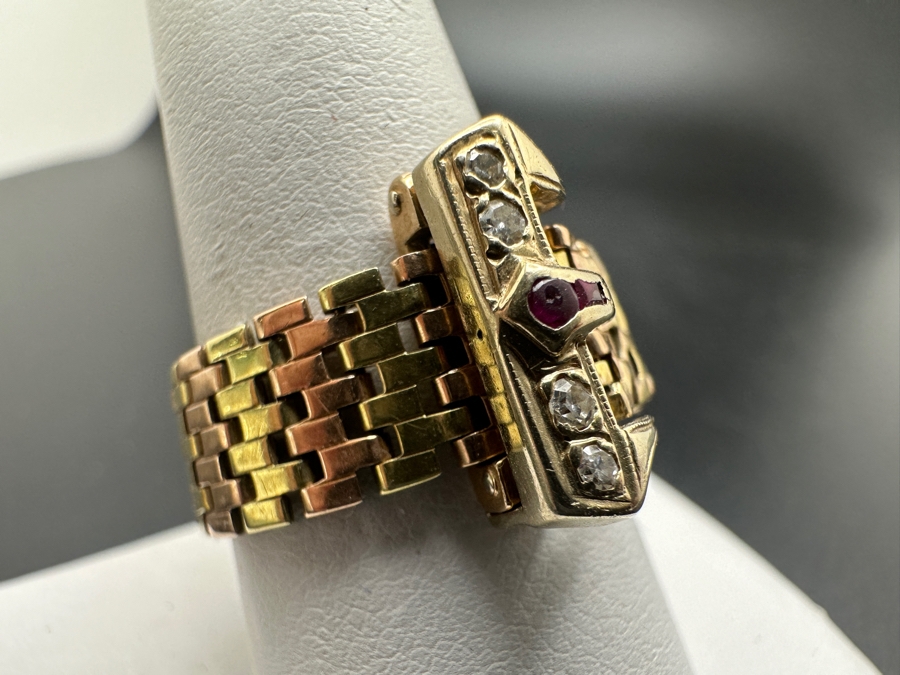 Vintage 14K Gold Diamond And Ruby Mesh Buckle Ring (4) Single Cut Diamonds SI1, G-H Color Est. .10cttw Size 9 7.2g Retails $2,400 [Photo 6]