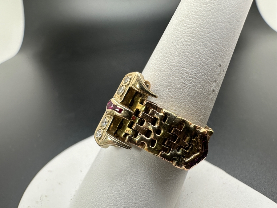 Vintage 14K Gold Diamond And Ruby Mesh Buckle Ring (4) Single Cut Diamonds SI1, G-H Color Est. .10cttw Size 9 7.2g Retails $2,400 [Photo 3]