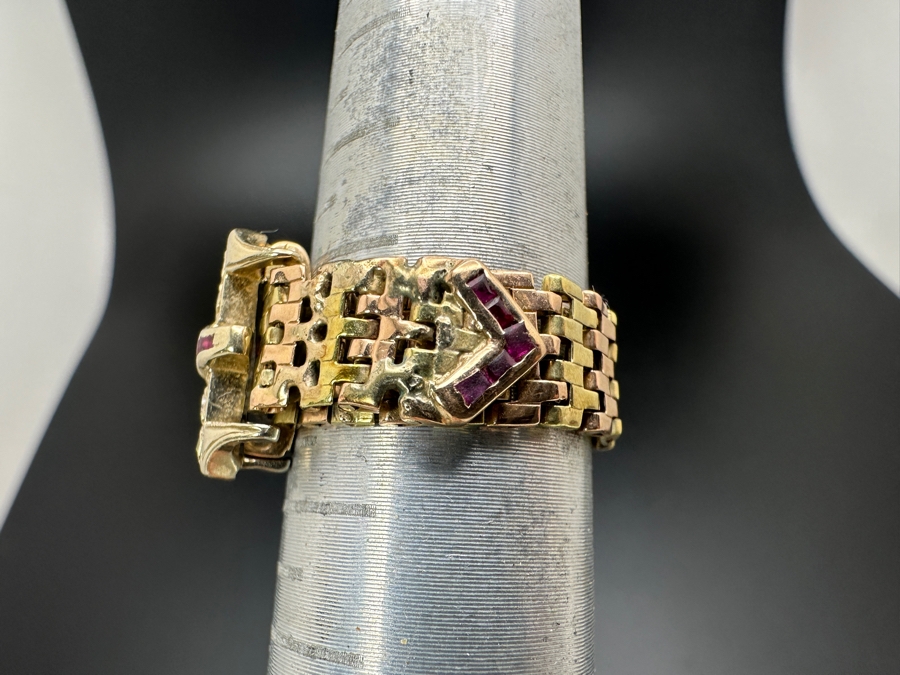 Vintage 14K Gold Diamond And Ruby Mesh Buckle Ring (4) Single Cut Diamonds SI1, G-H Color Est. .10cttw Size 9 7.2g Retails $2,400 [Photo 12]